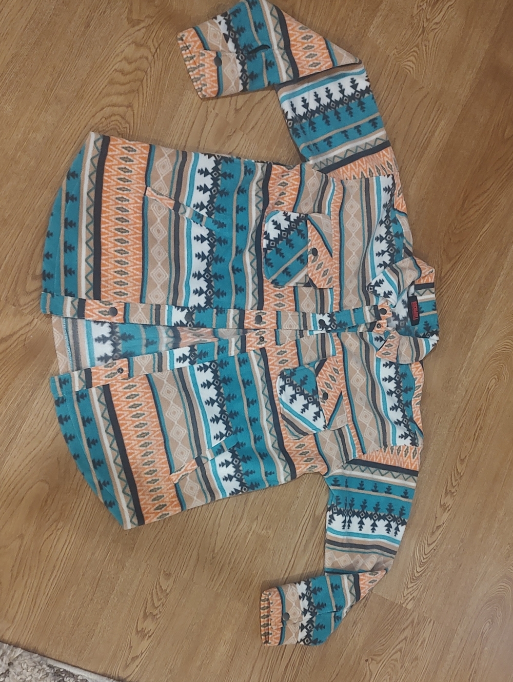 Rock & Roll Cowgirl Aztec Print Button-Up Jacket in Teal, Peach & White - Picture 1 of 2